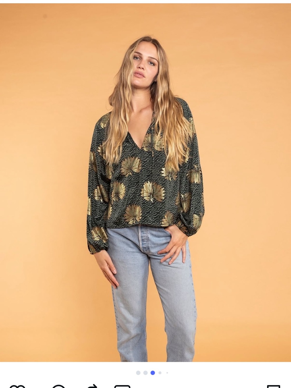 RAGA Adita Women’s Green Gold Metallic Floral Long Sleeve Blouse Medium